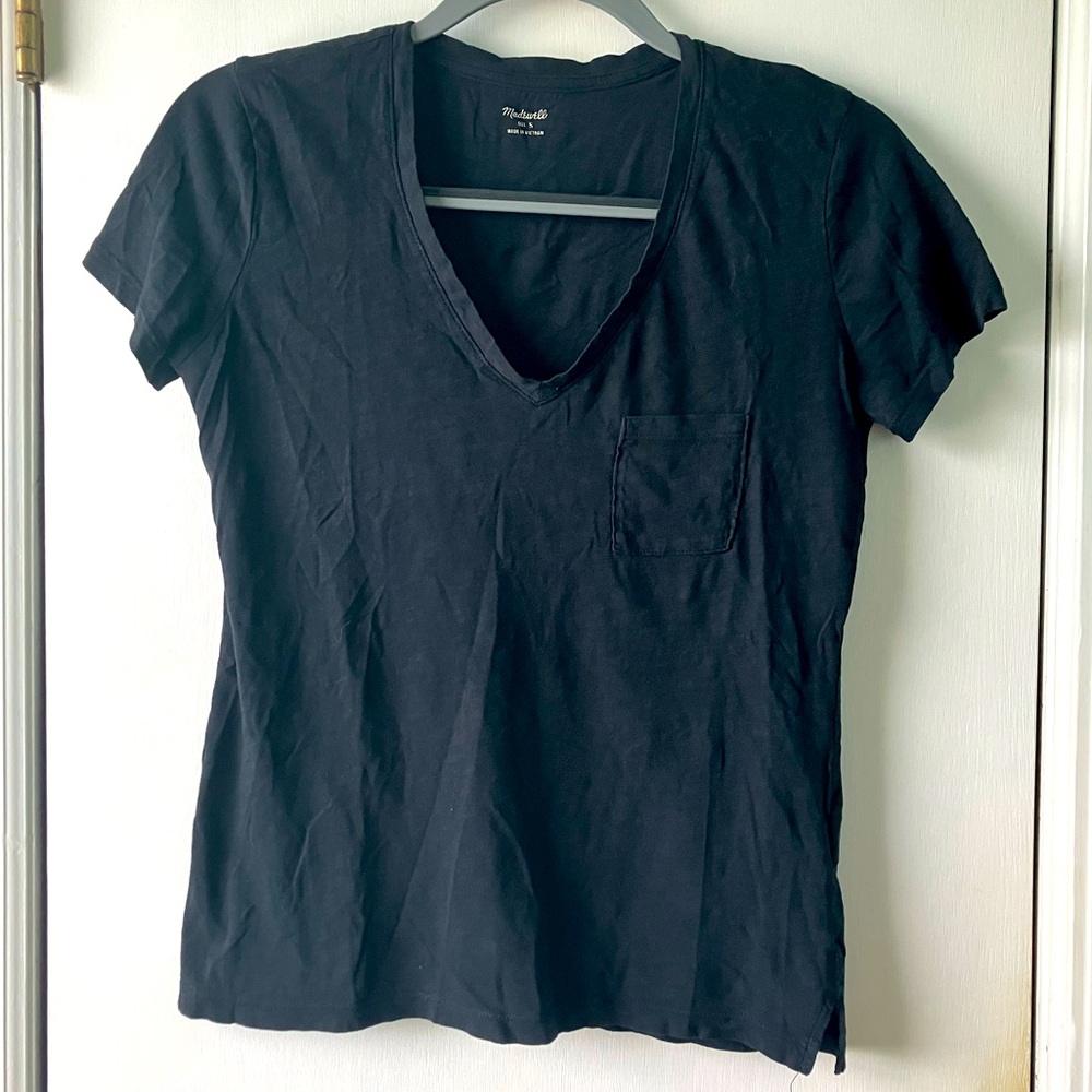 Madewell V-neck T-shirt with Front Pocket in Black 100% Cotton Womens Small